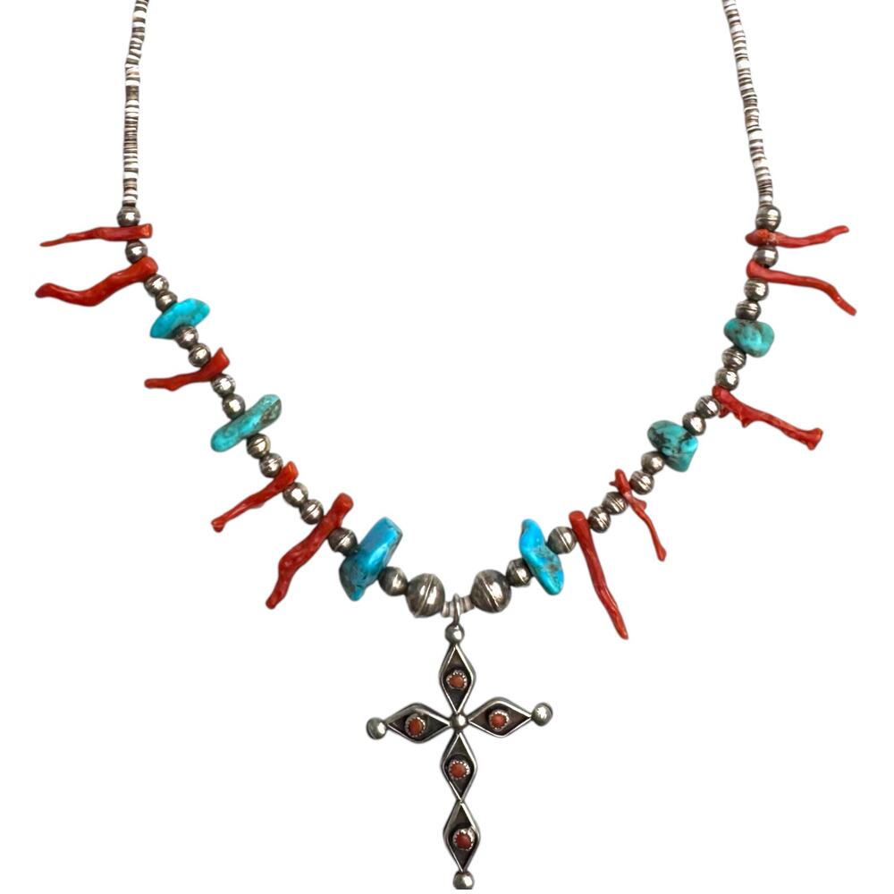 Vintage Navajo Sterling Silver Coral Turquoise Cross Necklace Heishi Trade Beads